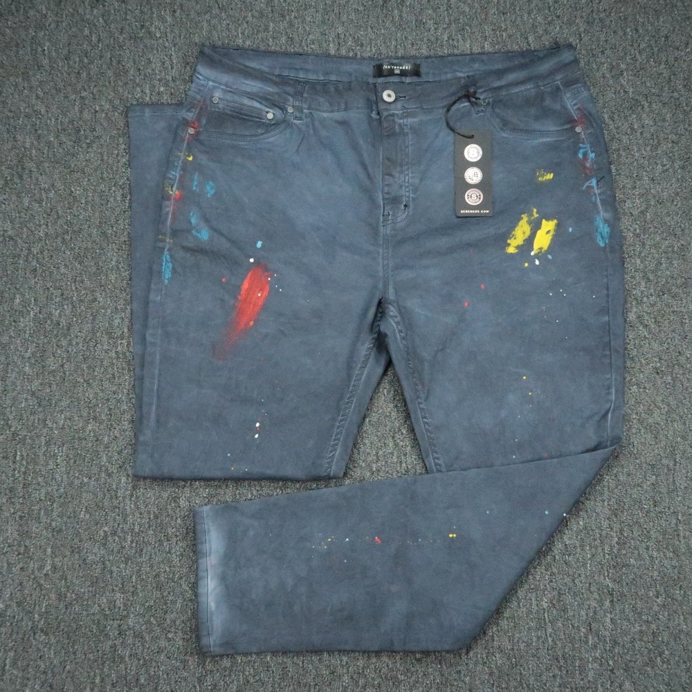 Serenede Jeans Mens 44x32 Blue Paint Splatter 5 Pocket Straight Denim Stretch